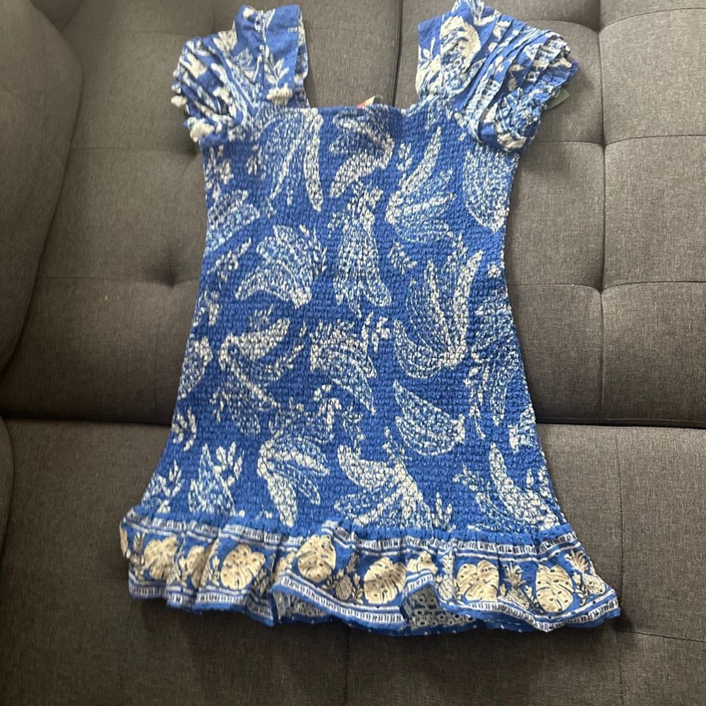 Farm Rio Blue Floral Banana Smocked Puff Sleeve Summer Dress Size L - Picture 8 of 8